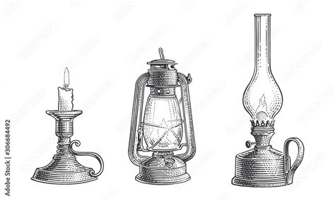 Old vintage oil lamps and candle engraving line illustration. Vector. Stock Vector | Adobe Stock