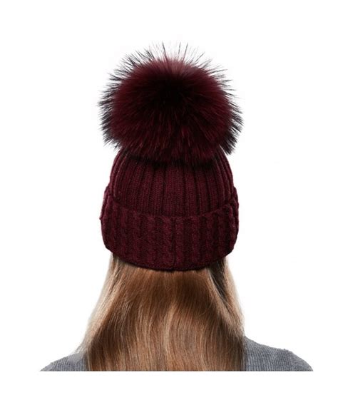 Winter Fur Pom Pom Beanie For Women Real Fox Fur Knit Beanies For Girls Cuff Hat Burgundy ...