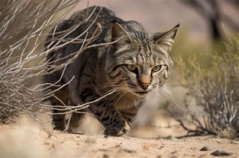 Gato Del Desierto Al Acecho Listo Para Abalanzarse Sobre Presas