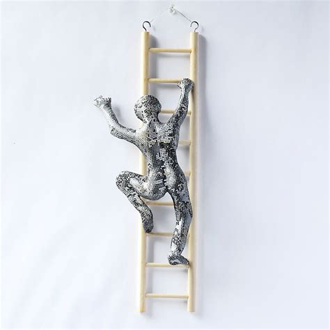 Climbing Man Sculpture On Wood Ladder Wire Mesh By Nuntchi