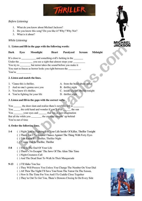 Thriller By Michael Jackson Esl Worksheet By Nfigueroaetchelet