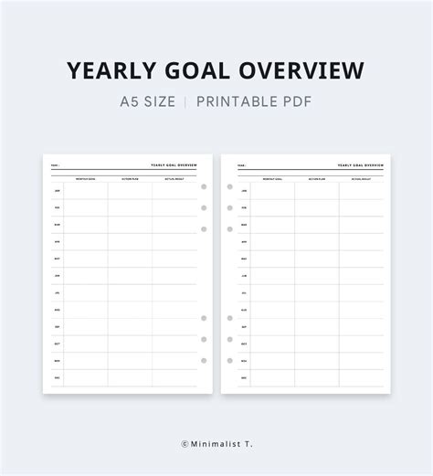 A5 Inserts Yearly Goal Overview Printable Goal Planner Etsy Goals