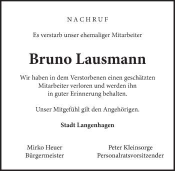 Traueranzeigen Von Bruno Lausmann Trauer Anzeigen De