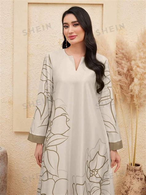 Shein Najma Women Simple Floral Printed Long Sleeve Arabian Dress For