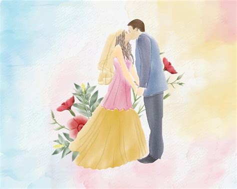 Süße Braut Und Bräutigam Umarmen Sich Zusammen Mit Blumen Hintergrund Hochzeit Aquarell Portrait