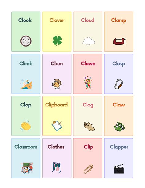 Consonant Blend CL Sound Words with Pictures Worksheet PDF