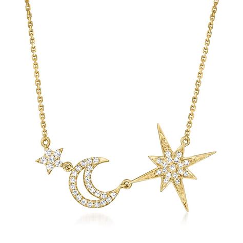 Ct T W Diamond Star And Moon Necklace In Kt Yellow Gold