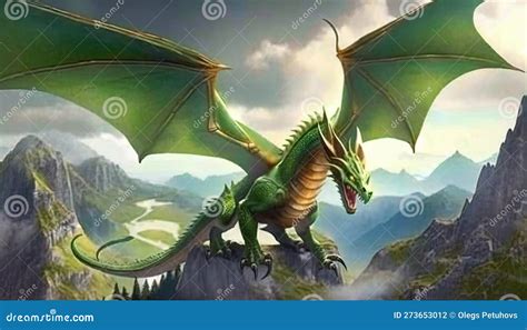 A Green Dragon Sitting On Top Of A Mountain With Mountains In The