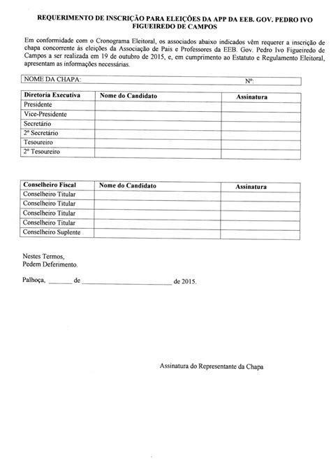 Escola De Educa O B Sica Requerimento De Inscri O Das Chapas Para