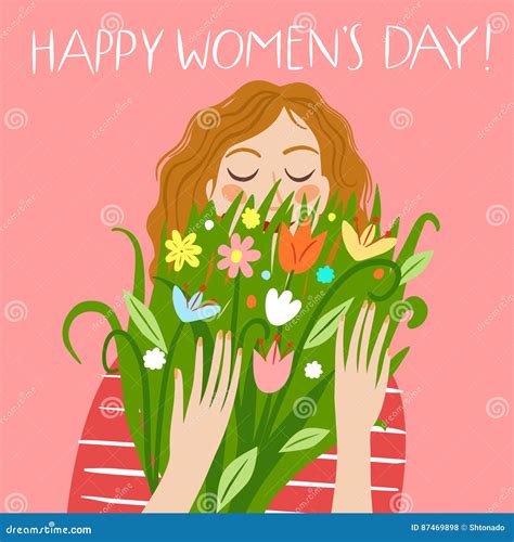 Happy Girl Holding A Boquet Of Flowers Stock Vector Illustration Of