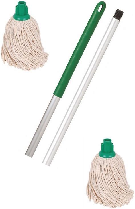 Professional Colour Coded Mop Handle And 2 Mop Heads Colour Green