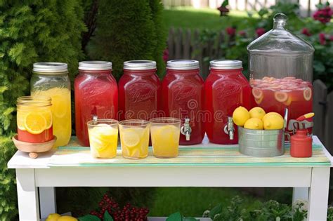 Lemonade Stand With A Variety Of Flavored Lemonades Including Cherry