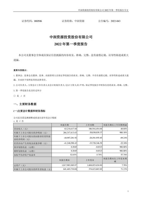 中润资源：2022年第一季度报告全文更正后 洞见研报 行业报告