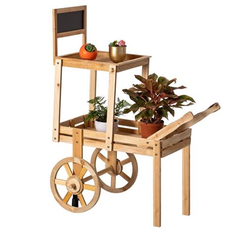 Vintiquewise Natural Redwood 2 Tier Plant Stand Cart With Wheels