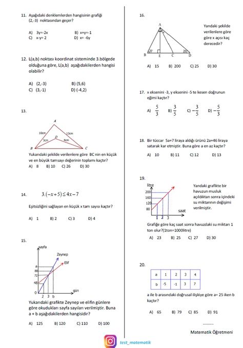 Sinif Matemat K Ders D Nem Yazili Test Matematik