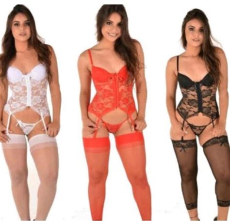 Espartilho Completo Bojo Incluí Meias e Calcinha Sexy Sensual Linha Noite Amaré Lingerie