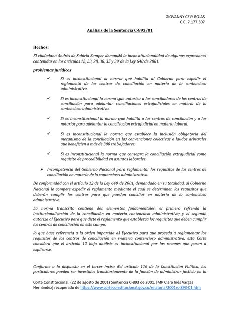 Análisis De La Sentencia C 7 Análisis De La Sentencia C 893 Hechos