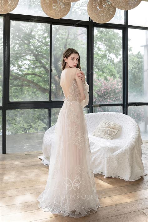 Sexy Plunging Neck Beaded Nude Floral Lace Wedding Gown VQ