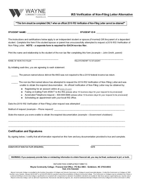 Fillable Online Independent Student IRS Verification Of Non Filing