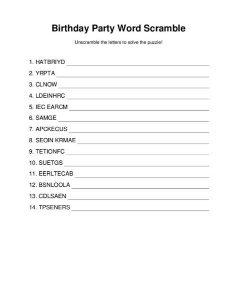 Birthday Party Word Scramble