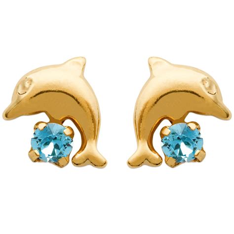 Boucles D Oreilles Enfant Dauphin Cristal Bleu Turquoise Plaqu Or