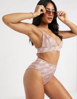 ASOS DESIGN V Neck Deep Band Bikini With Contrast Straps In Graphic Chain Print ASOS