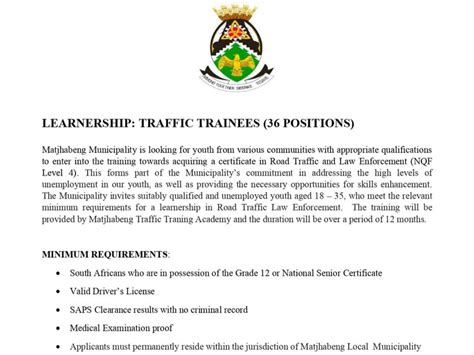 Traffic Trainees Learnership Programme Zar Careers