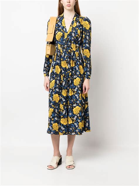 Dvf Diane Von Furstenberg Floral Print V Neck Midi Dress Black