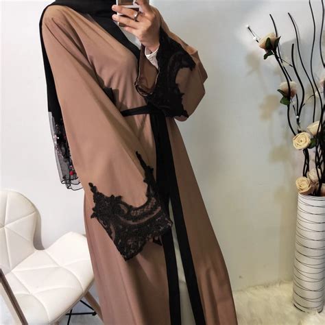 Spanish Open Abaya With Black Lace Plus Size Prayer Islamic Women Abaya