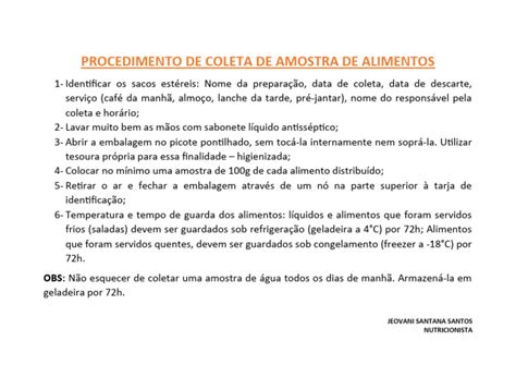 Procedimento De Coleta De Amostra De Alimentos Pdf