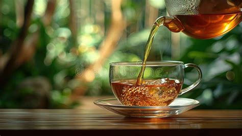 Glass Cup Of Tea On Wooden Table And Blurred Nature Background Stock