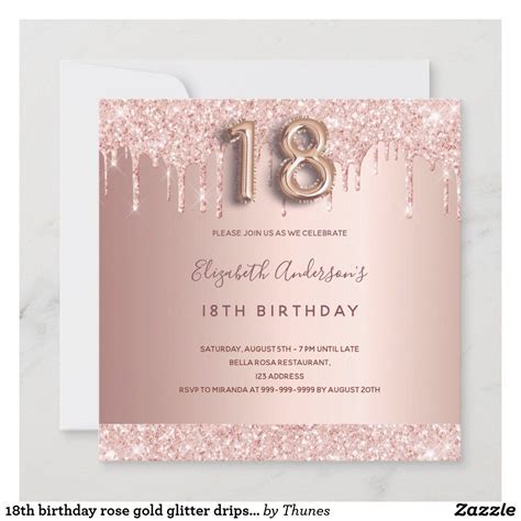 18th Birthday Rose Gold Glitter Drips Balloon Text Invitation Zazzle Birthday Roses 18th