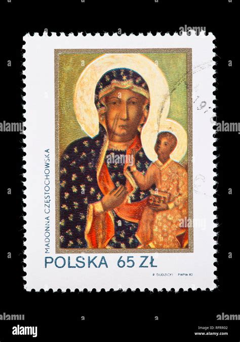 Briefmarke Aus Polen Mit Der Darstellung Der Schwarzen Madonna Von