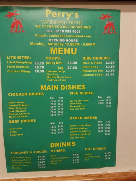 Menu at Perry's restaurant, Reading