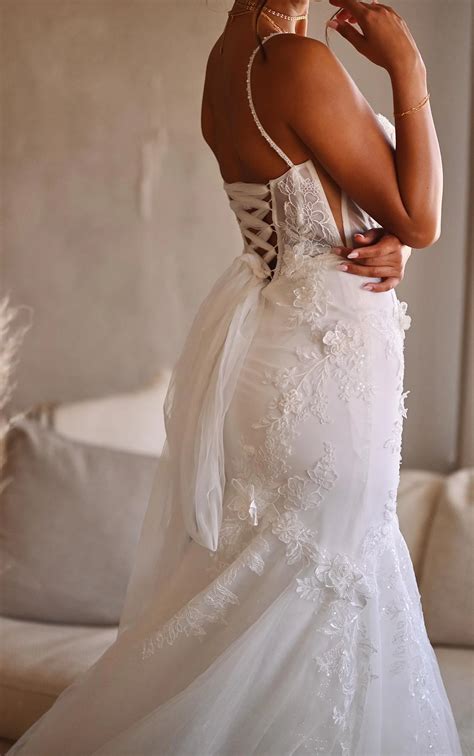 Sparkling Lace Spaghetti Strap Wedding Dress With Corset Bustier Bodice