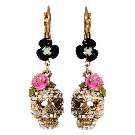 Lyst Betsey Johnson Crystal Skull And Flower Drop Earrings In Pink