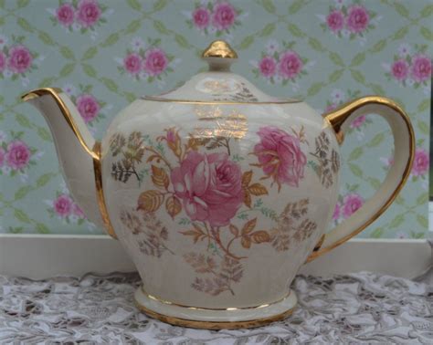 Sadler Teapot Full Size Vintage English Rose Floral And Gilt Pottery