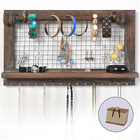 VIEFIN Rustic Wall Mounted Mesh Jewelry Organizer, Wood Shabby Chic ...