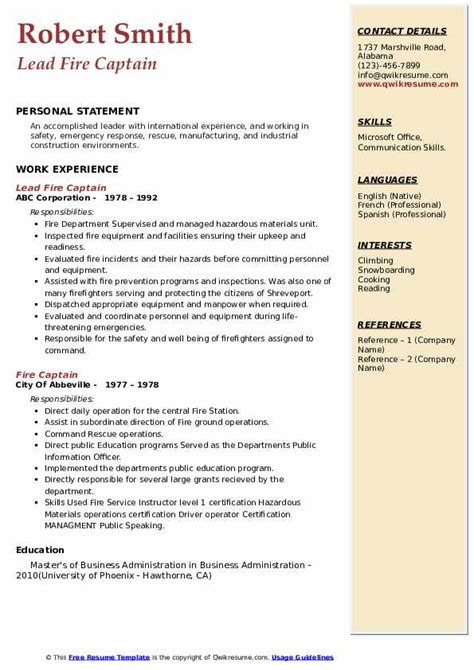 Fire Captain Resume Samples Qwikresume