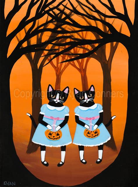 The Halloween Twins Original Cat Folk Art Acrylic Painting Folk Art