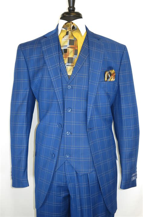 Vinci V2pd 1 Blue Vested Mens Suit Two Button Single Breasted