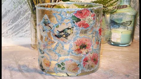 Diy Sheer Napkin Decoupage On Glass With Glitter Youtube