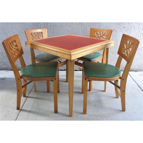 Mid Century Modern Folding Wood Card Table & Folding Chairs- Set of 5 ...