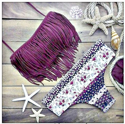 Cowgirl Gypsy Bikini Purple Fringe Padded Top And Floral Bottoms