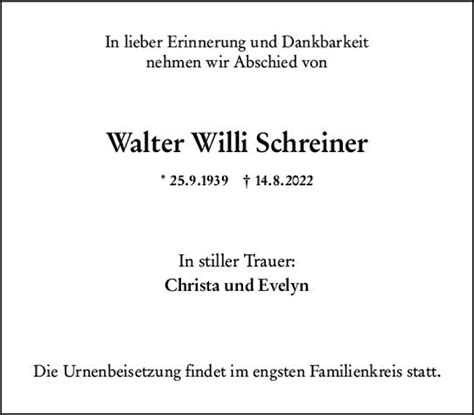 Traueranzeigen Von Walter Willi Schreiner Vrm Trauer De