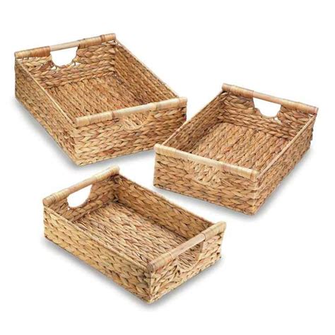 Set Wicker Rectangular Baskets With Wooden Handles For Shelves Water