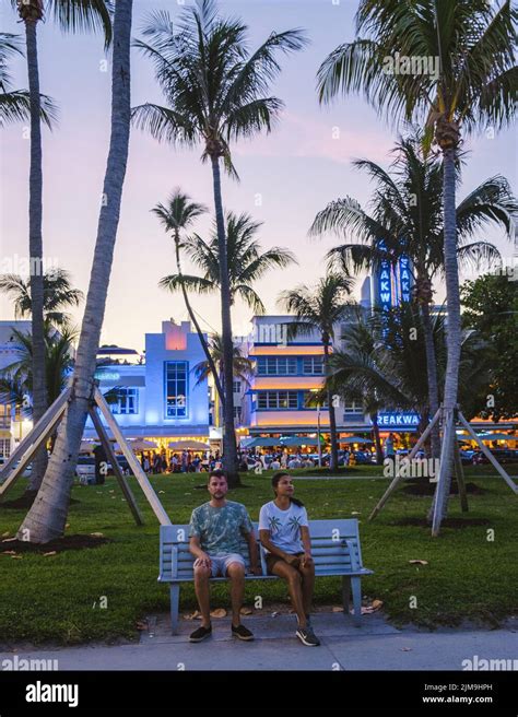 Miami Beach April 2019, colorful Art Deco District at night. Miami ...