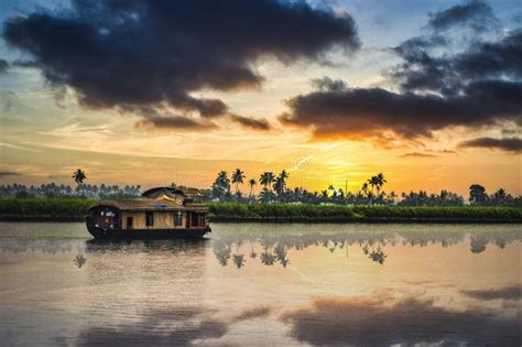 House Boat in Backwater and Stunning Sunset at Alappuzha Stock Photo ...