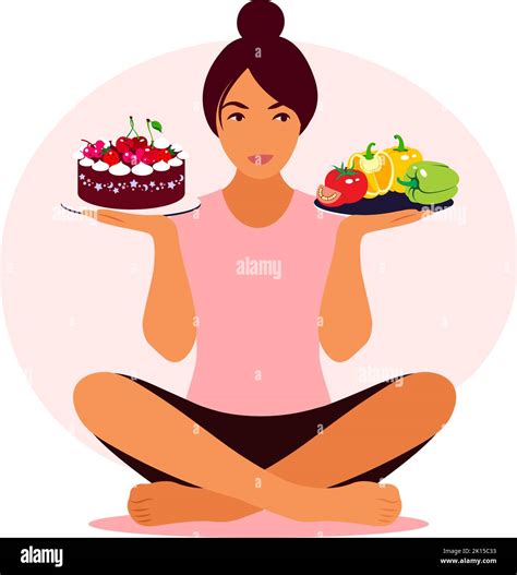 Lifestyle And Nutrition Concept Woman Choosing Between Healthy Meal And Unhealthy Food Vector