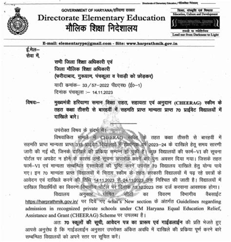 Haryana Cheerag Scheme Admission 2023 Application Form Admission Date